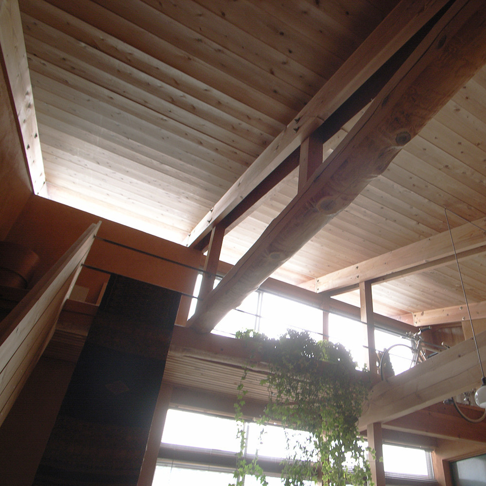 米松の合わせ梁と杉板で大屋根を架ける、小さな中庭のある家です。 | 大屋根のある家｜自然素材でリフォーム