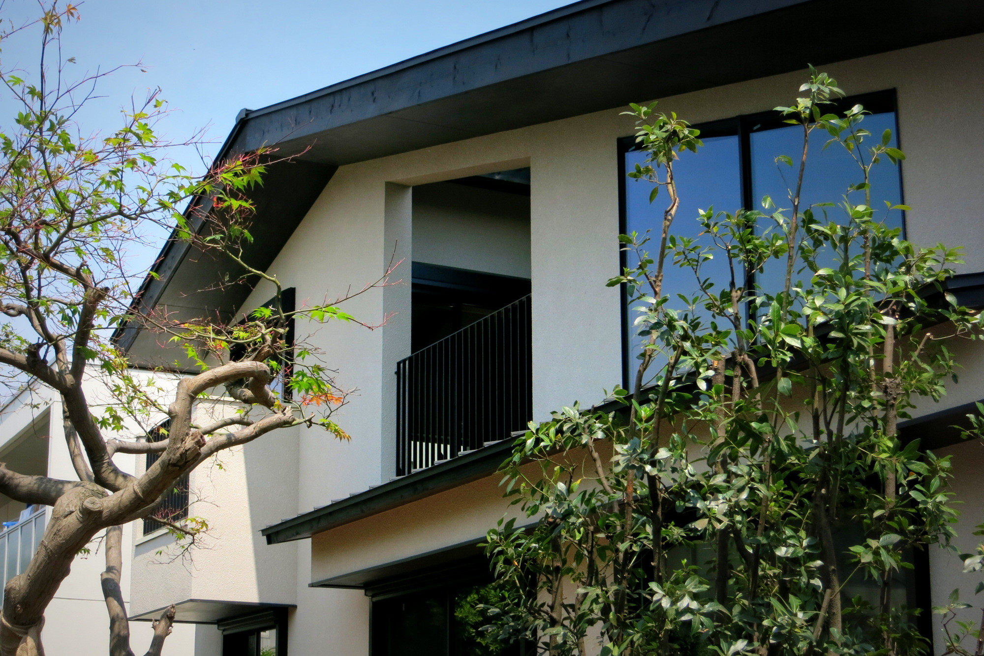 建物外観変形の切妻形状の建物は、南側のゆったりとした広さのある前庭に向かって開くように配置されています | 杉並の住宅　大きな切妻屋根の家