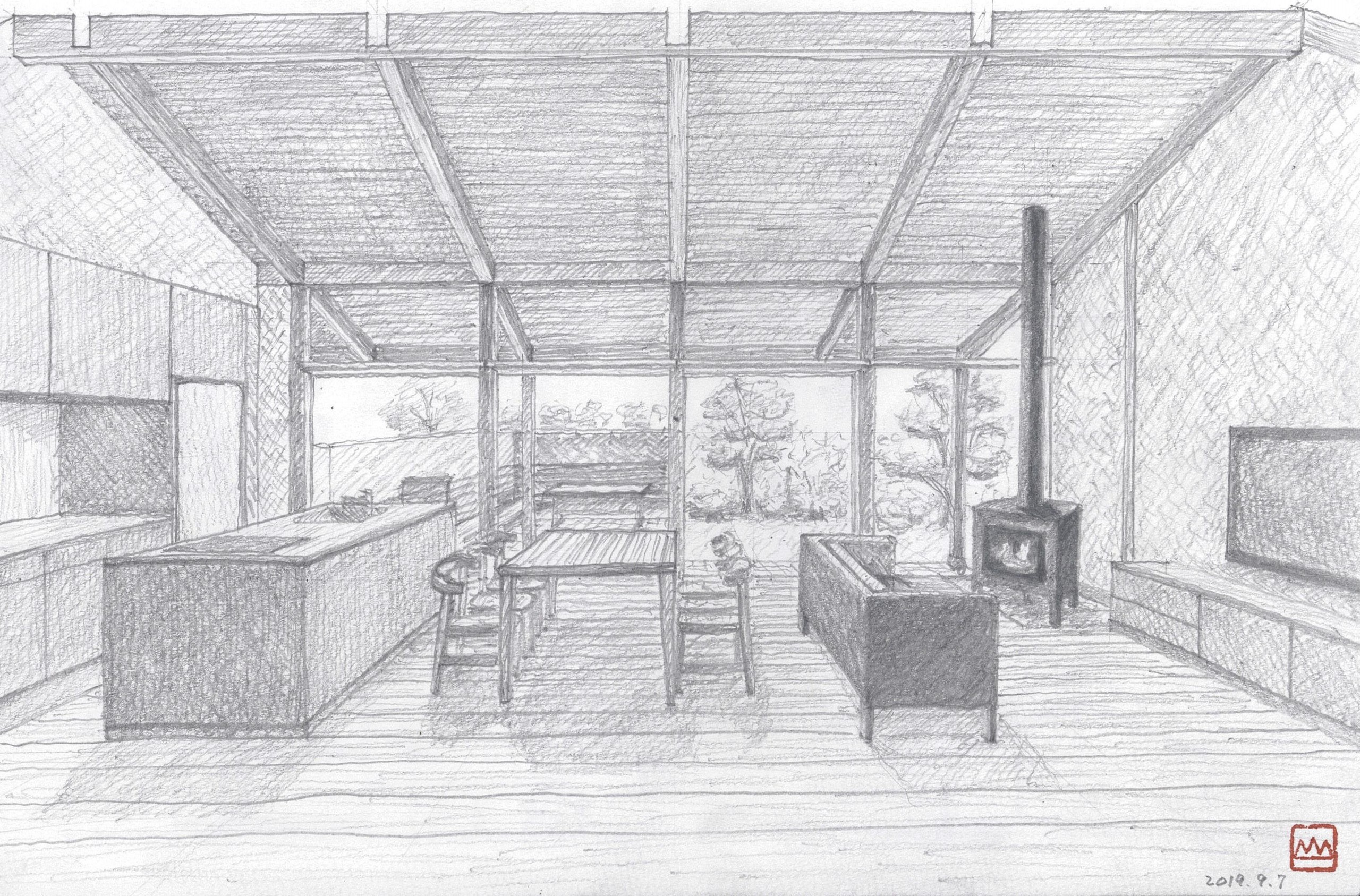室内パースLDKよりバーベキューテラスを臨むイメージを共有するため、鉛筆一本で描いたデッサン。 | アウトドア家族の家（BBQのできるアウトドアリビング）