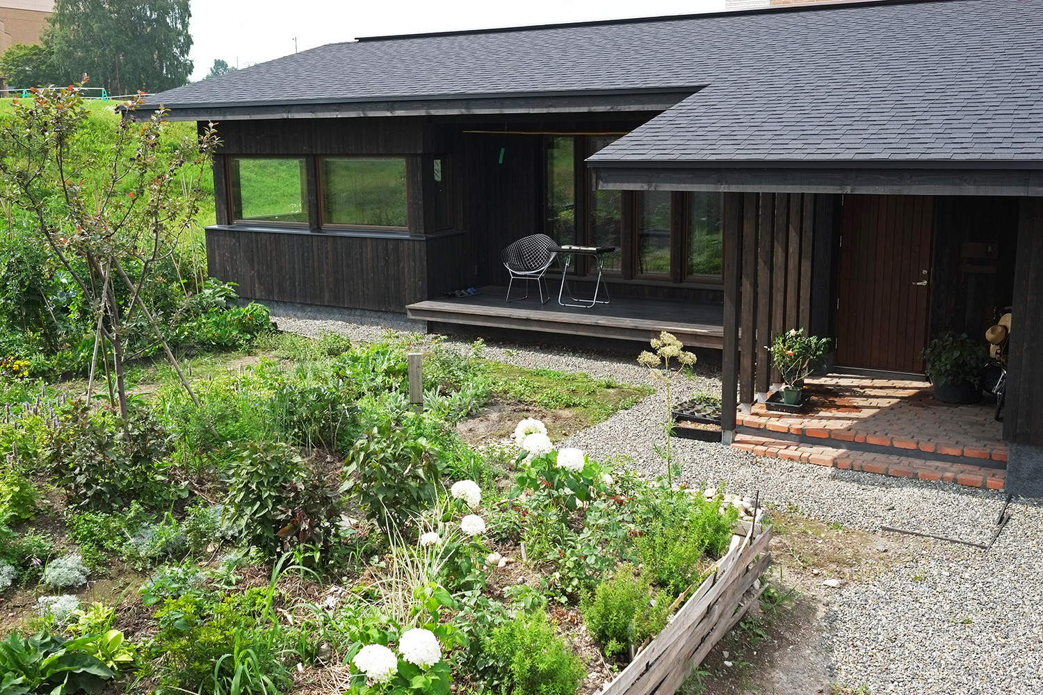 縁側と庭で広がりのある、地産地消の自然素材に溢れた平屋の建築事例写真