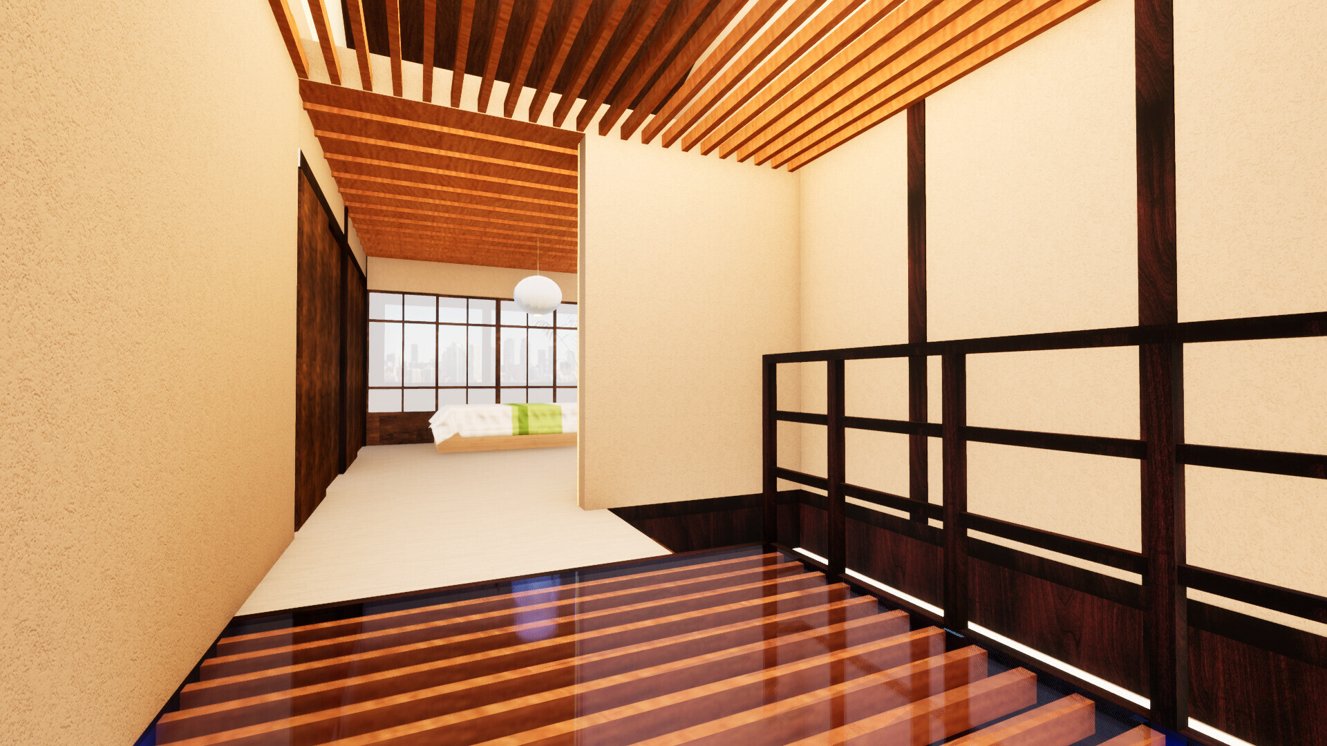 天窓から光が降り注ぐ2階のホール | 築100年京町家の快適リノベーション